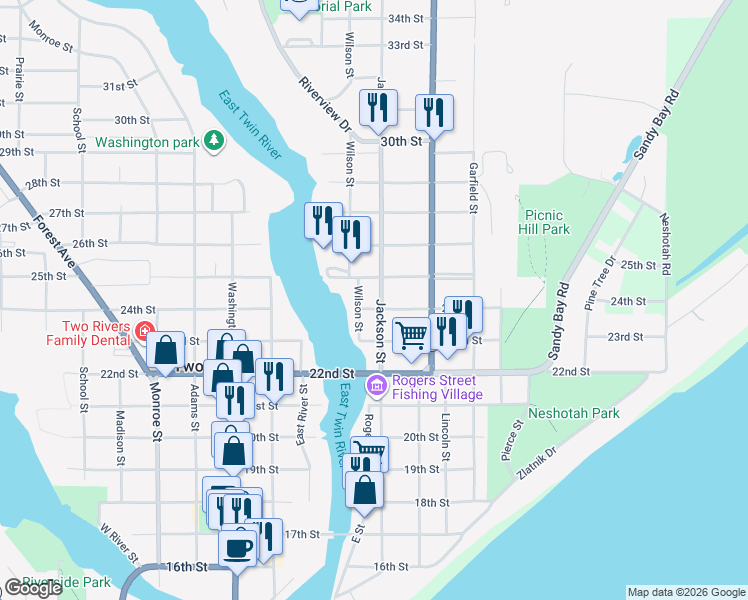 map of restaurants, bars, coffee shops, grocery stores, and more near 1115 24th Street in Two Rivers