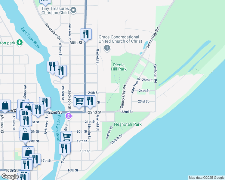 map of restaurants, bars, coffee shops, grocery stores, and more near 2401 Polk Street in Two Rivers