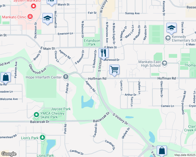 map of restaurants, bars, coffee shops, grocery stores, and more near 501-555 South Victory Drive in Mankato
