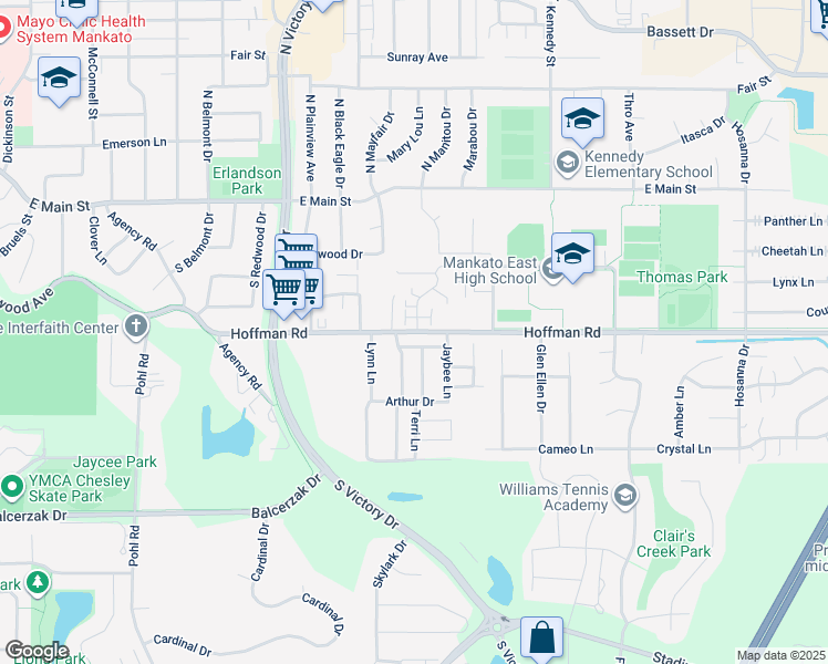 map of restaurants, bars, coffee shops, grocery stores, and more near 103 Bardin Drive in Mankato