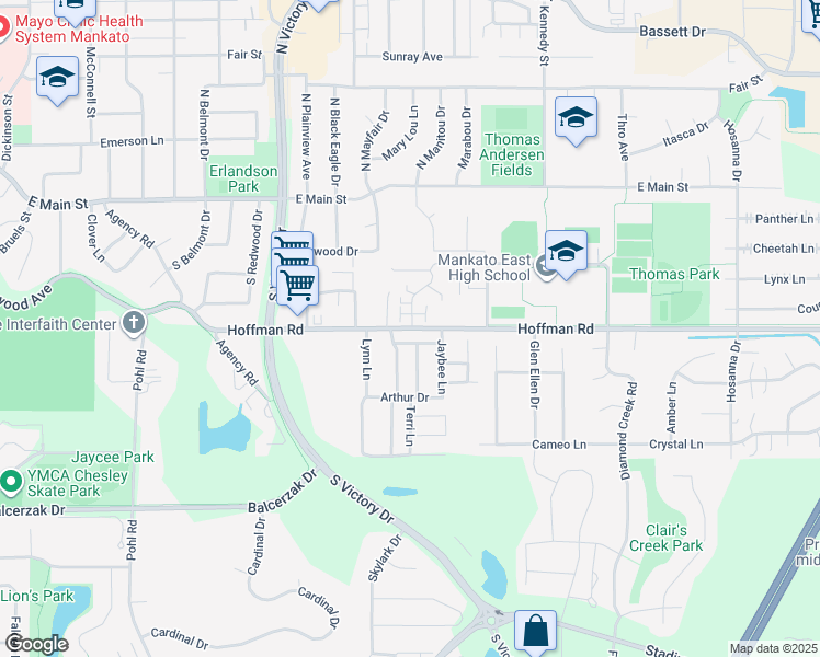 map of restaurants, bars, coffee shops, grocery stores, and more near 103 Bardin Drive in Mankato