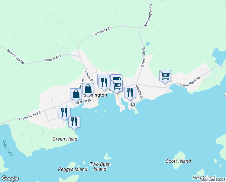 map of restaurants, bars, coffee shops, grocery stores, and more near 51 Main Street in Stonington