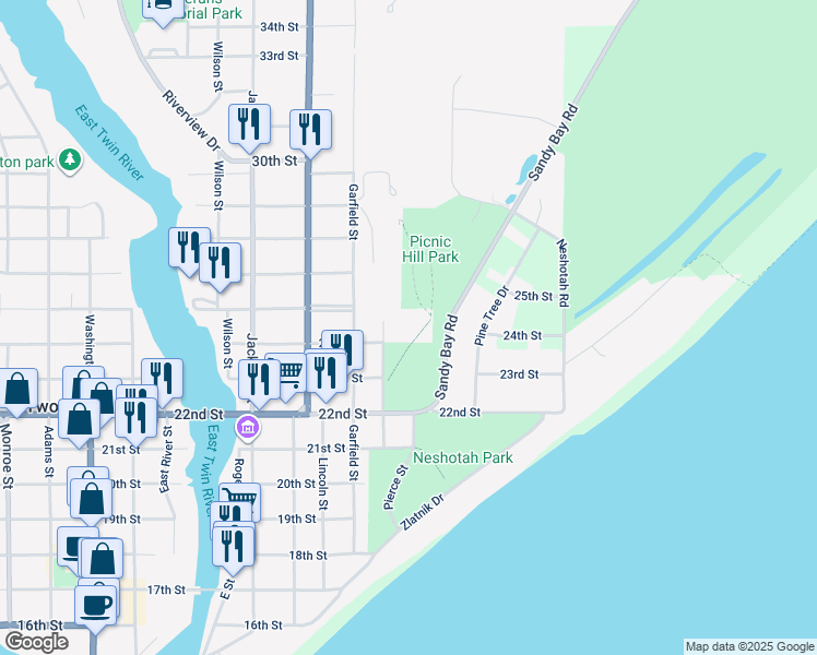 map of restaurants, bars, coffee shops, grocery stores, and more near 2320 Polk Street in Two Rivers