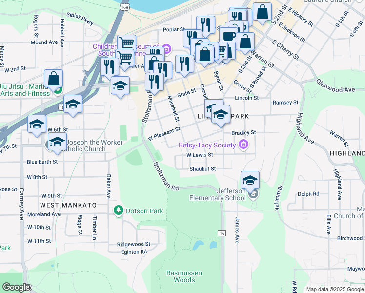 map of restaurants, bars, coffee shops, grocery stores, and more near 104 Florence Street in Mankato
