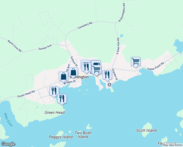 map of restaurants, bars, coffee shops, grocery stores, and more near 51 Main Street in Stonington