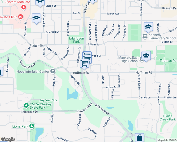 map of restaurants, bars, coffee shops, grocery stores, and more near 555 South Victory Drive in Mankato