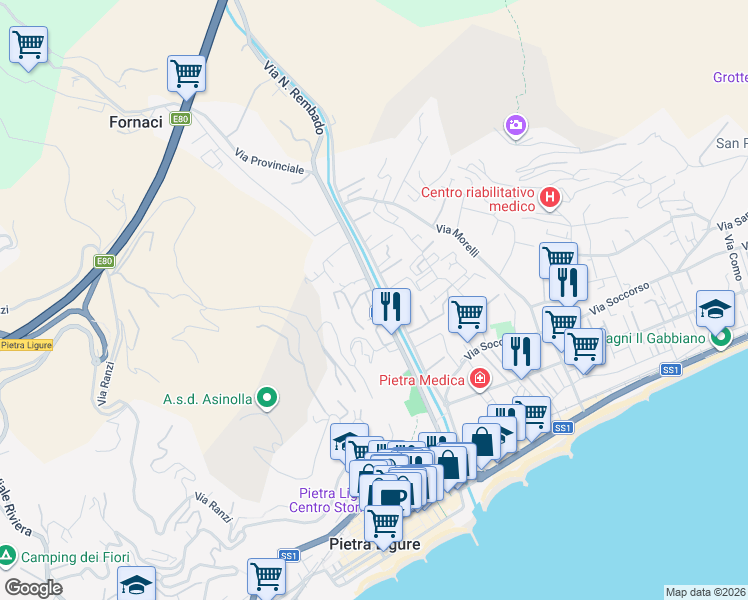 map of restaurants, bars, coffee shops, grocery stores, and more near 47 Via Francesco Crispi in Pietra Ligure