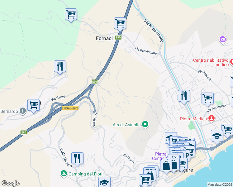 map of restaurants, bars, coffee shops, grocery stores, and more near 176B Via Ranzi in Pietra Ligure