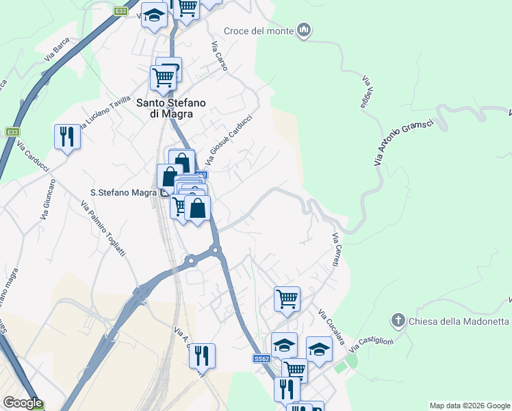 map of restaurants, bars, coffee shops, grocery stores, and more near 25 Via Antonio Gramsci in Santo Stefano di Magra