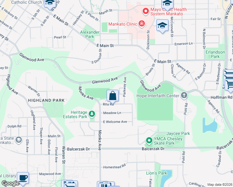 map of restaurants, bars, coffee shops, grocery stores, and more near 208 Parkway Place in Mankato