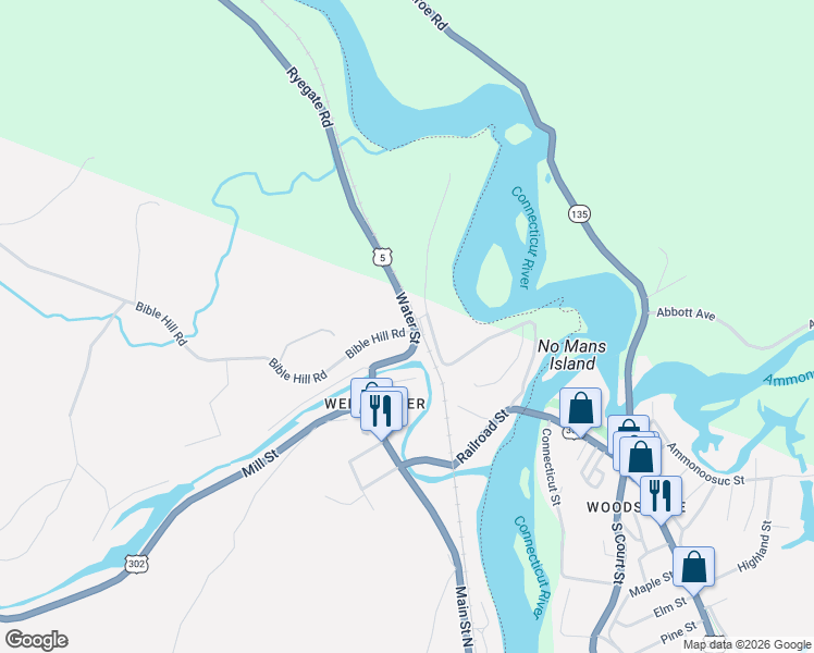 map of restaurants, bars, coffee shops, grocery stores, and more near 84 Bible Hill Road in Newbury