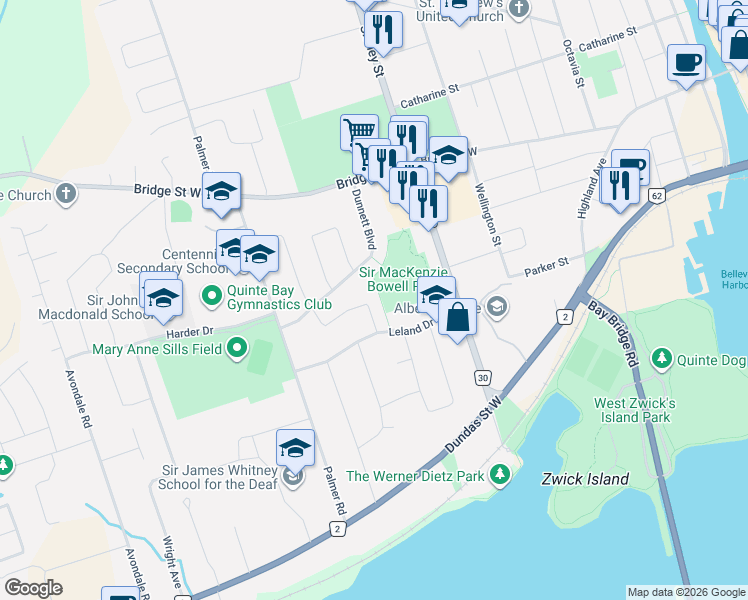 map of restaurants, bars, coffee shops, grocery stores, and more near 15 Robertson Lane in Belleville