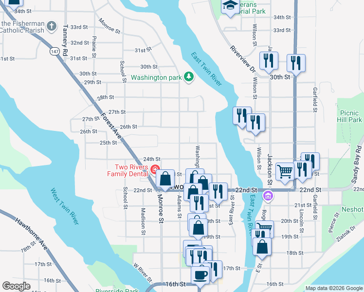 map of restaurants, bars, coffee shops, grocery stores, and more near 2509 Adams Street in Two Rivers