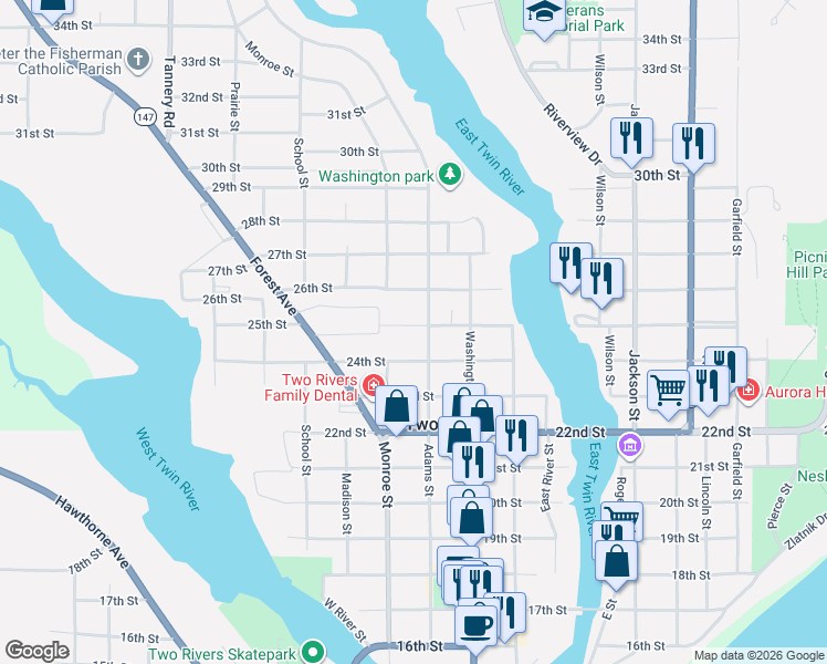 map of restaurants, bars, coffee shops, grocery stores, and more near 2509 Adams Street in Two Rivers