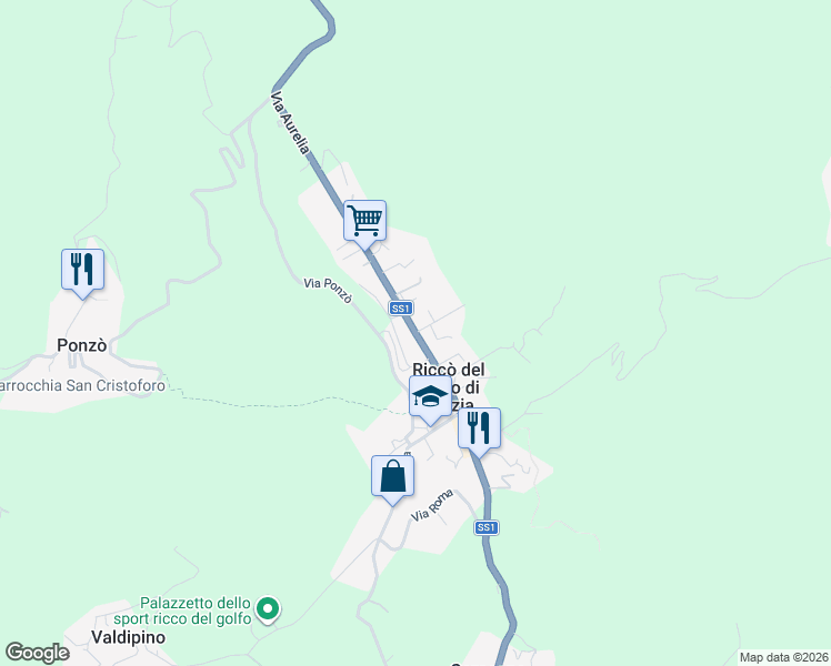 map of restaurants, bars, coffee shops, grocery stores, and more near Strada Statale 1 in Riccò del Golfo