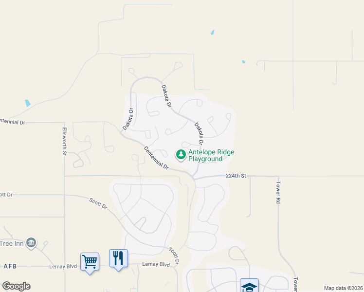 map of restaurants, bars, coffee shops, grocery stores, and more near 255 Mellette Court in Ellsworth Air Force Base