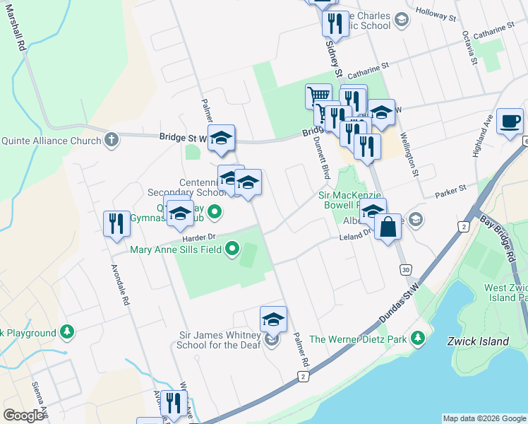 map of restaurants, bars, coffee shops, grocery stores, and more near 179 Palmer Road in Belleville