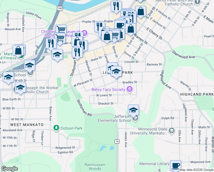 map of restaurants, bars, coffee shops, grocery stores, and more near 208 Fulton Street in Mankato