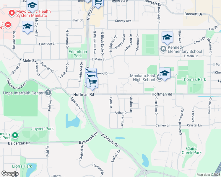 map of restaurants, bars, coffee shops, grocery stores, and more near 80 Hilltop Lane in Mankato
