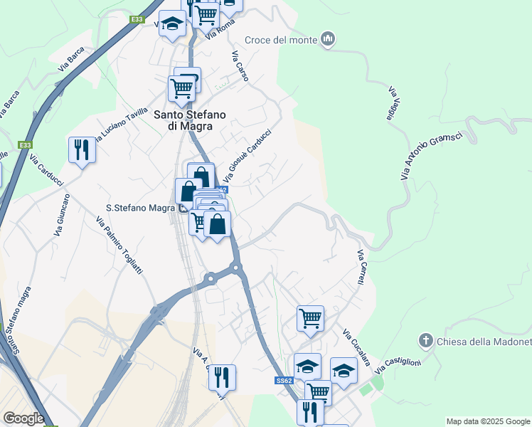 map of restaurants, bars, coffee shops, grocery stores, and more near 25 Via Antonio Gramsci in Santo Stefano di Magra