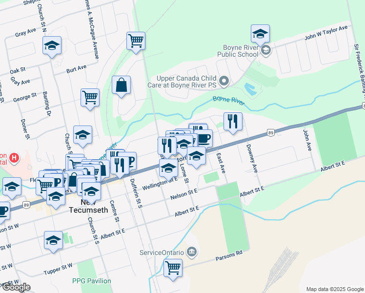 map of restaurants, bars, coffee shops, grocery stores, and more near 141 Queen Street in New Tecumseth