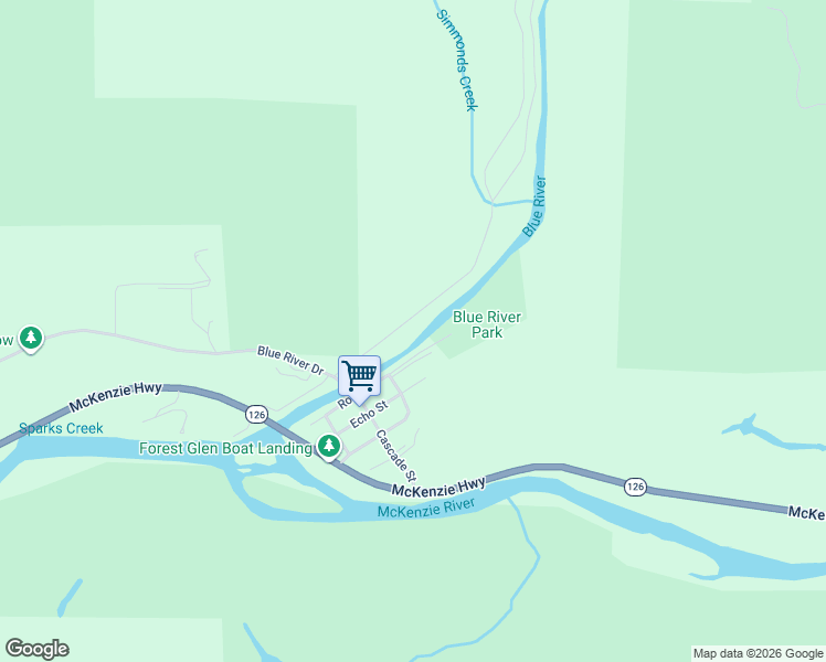 map of restaurants, bars, coffee shops, grocery stores, and more near 91283 Blue River Road in Lane County