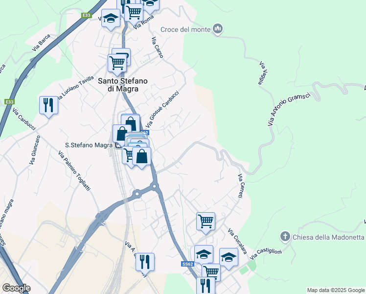 map of restaurants, bars, coffee shops, grocery stores, and more near 25 Via Antonio Gramsci in Santo Stefano di Magra