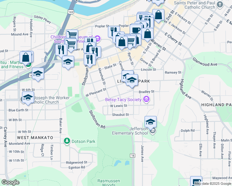 map of restaurants, bars, coffee shops, grocery stores, and more near 208 Fulton Street in Mankato