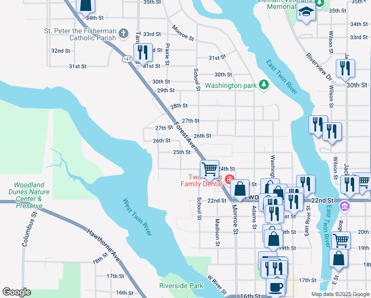 map of restaurants, bars, coffee shops, grocery stores, and more near 1918 25th Street in Two Rivers
