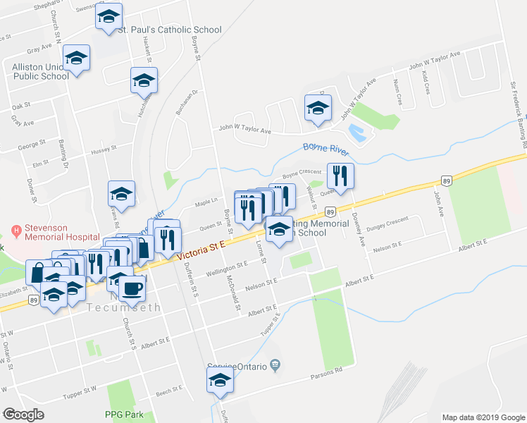 map of restaurants, bars, coffee shops, grocery stores, and more near 141 Queen Street in New Tecumseth