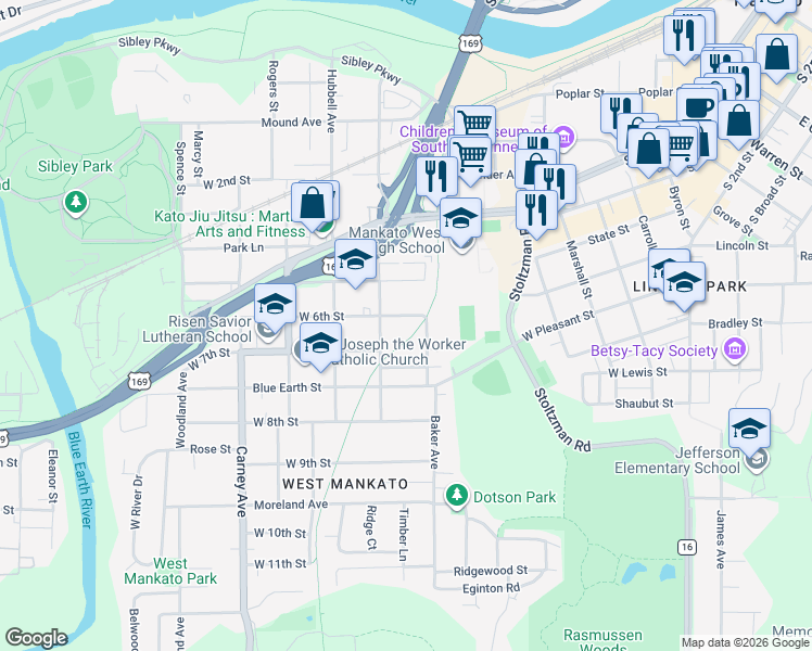 map of restaurants, bars, coffee shops, grocery stores, and more near 207 West 6th Street in Mankato