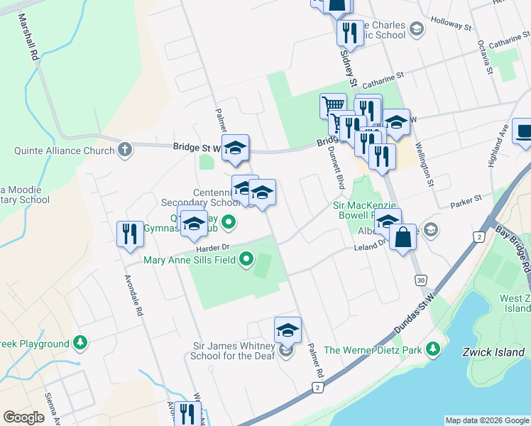 map of restaurants, bars, coffee shops, grocery stores, and more near O'Hare Street in Belleville