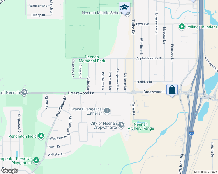 map of restaurants, bars, coffee shops, grocery stores, and more near 1383 Inverness Lane in Neenah