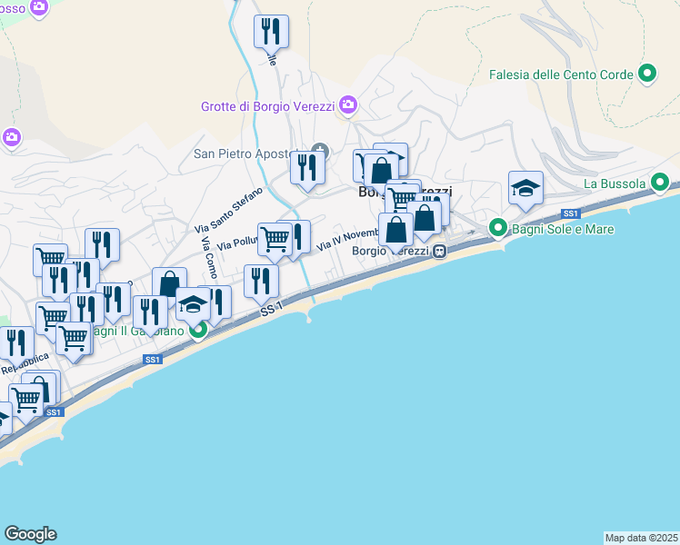 map of restaurants, bars, coffee shops, grocery stores, and more near Via Aurelia in Pietra Ligure