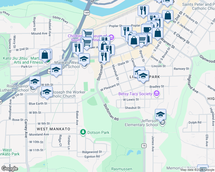 map of restaurants, bars, coffee shops, grocery stores, and more near 328 Willard Street in Mankato