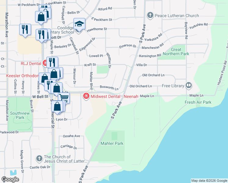 map of restaurants, bars, coffee shops, grocery stores, and more near 403 Bosworth Lane in Neenah