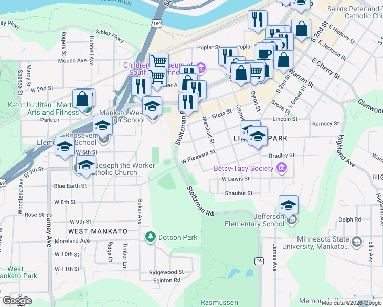 map of restaurants, bars, coffee shops, grocery stores, and more near 328 Willard Street in Mankato