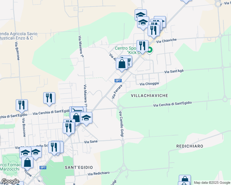 map of restaurants, bars, coffee shops, grocery stores, and more near 380 Via Ferrara in Cesena