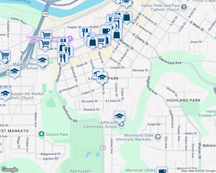 map of restaurants, bars, coffee shops, grocery stores, and more near 112 Bradley Street in Mankato