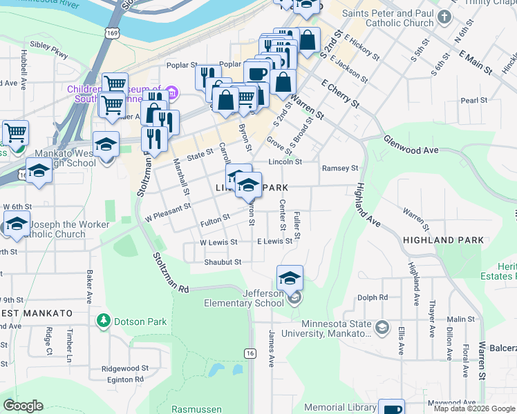 map of restaurants, bars, coffee shops, grocery stores, and more near 112 Bradley Street in Mankato