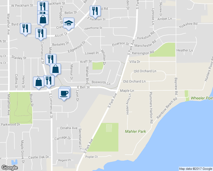 map of restaurants, bars, coffee shops, grocery stores, and more near 403 Bosworth Lane in Neenah