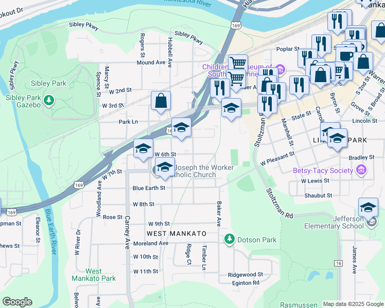 map of restaurants, bars, coffee shops, grocery stores, and more near 300 West 6th Street in Mankato