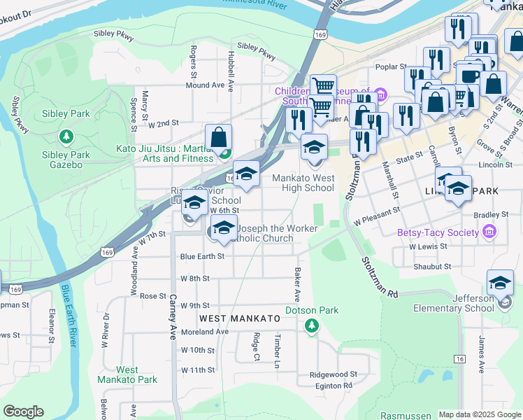 map of restaurants, bars, coffee shops, grocery stores, and more near 300 West 6th Street in Mankato