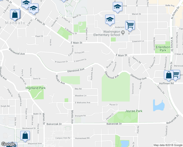 map of restaurants, bars, coffee shops, grocery stores, and more near 115 Parkway Avenue in Mankato