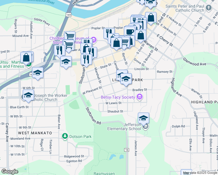 map of restaurants, bars, coffee shops, grocery stores, and more near 208 Fulton Street in Mankato
