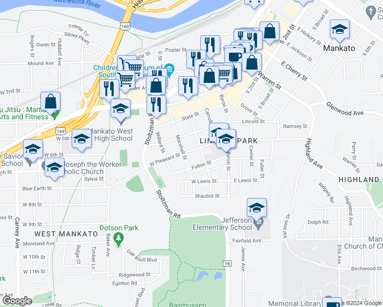map of restaurants, bars, coffee shops, grocery stores, and more near 319 West Pleasant Street in Mankato