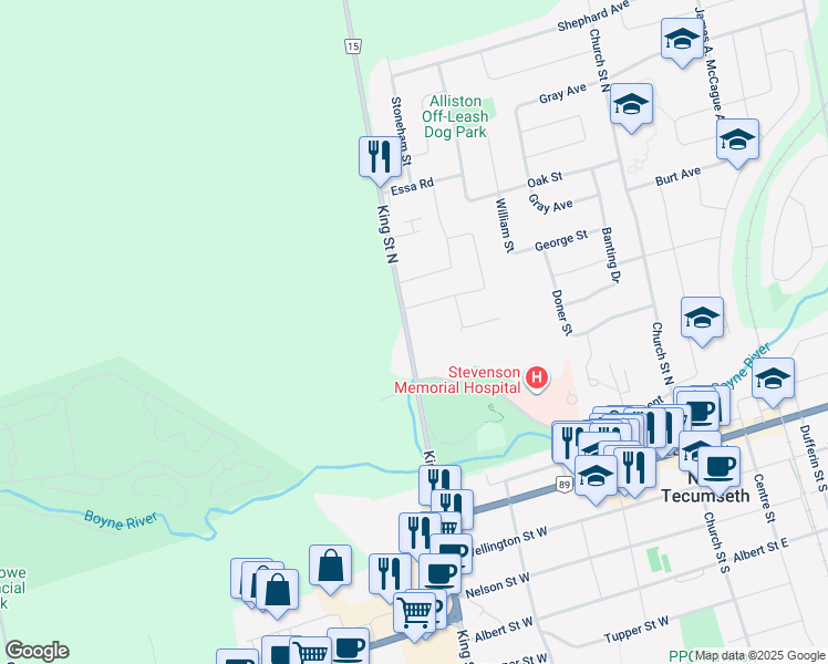 map of restaurants, bars, coffee shops, grocery stores, and more near 145 King Street North in New Tecumseth