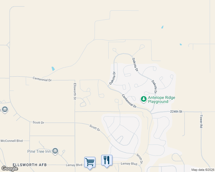 map of restaurants, bars, coffee shops, grocery stores, and more near Centennial Drive in Ellsworth Air Force Base