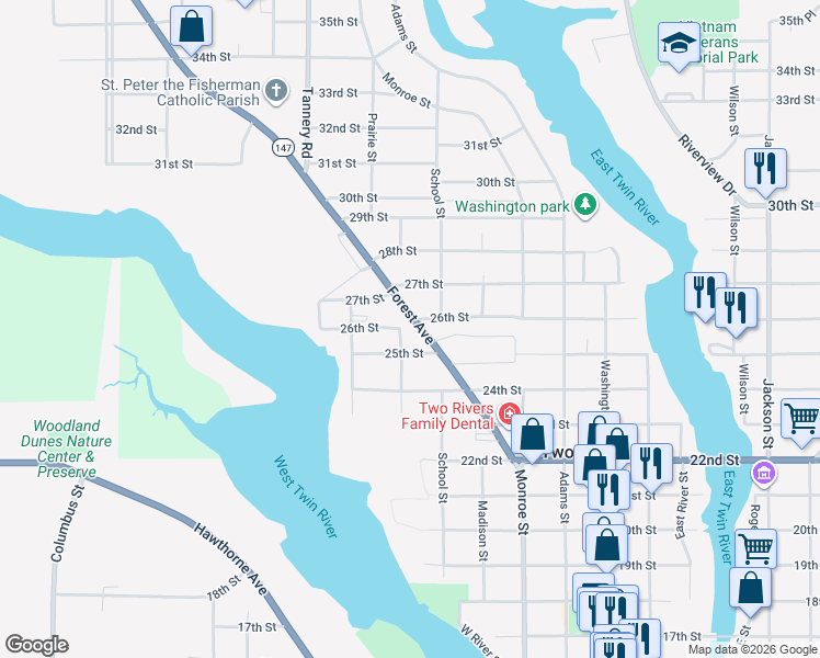 map of restaurants, bars, coffee shops, grocery stores, and more near 1918 25th Street in Two Rivers