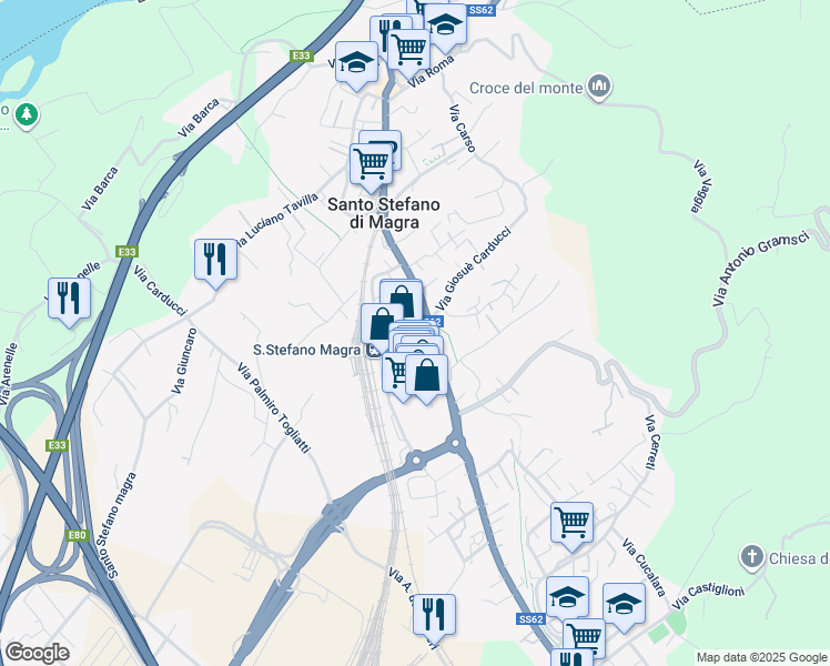 map of restaurants, bars, coffee shops, grocery stores, and more near Via Arzelà in Santo Stefano di Magra
